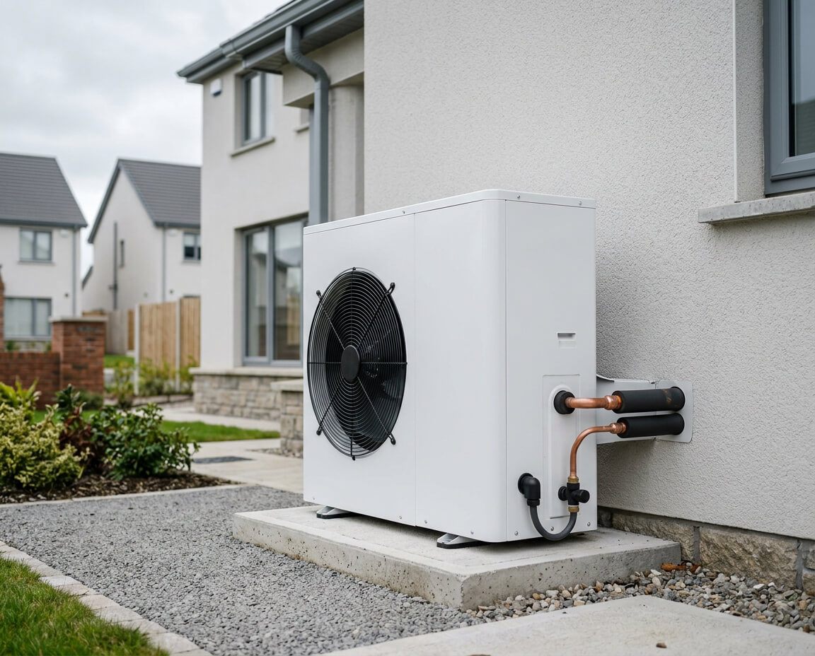 Air-to-water heat pump unit installed on Irish home in Ballymore Eustace
